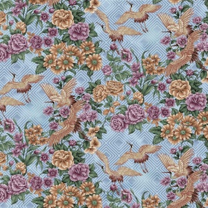 May include: A seamless pattern featuring a repeating design of cranes and flowers. The cranes are depicted in flight with their wings spread wide. The flowers are a mix of pink, purple, and orange hues. The background is a light blue color.