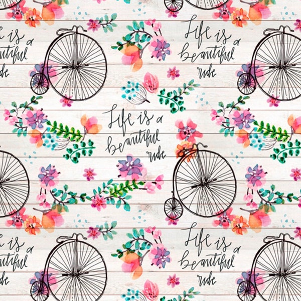 Cream/Multi Beautiful Ride-Bicycles and Flowers with Words on Cream Cotton Fabric 44 in by David Textiles