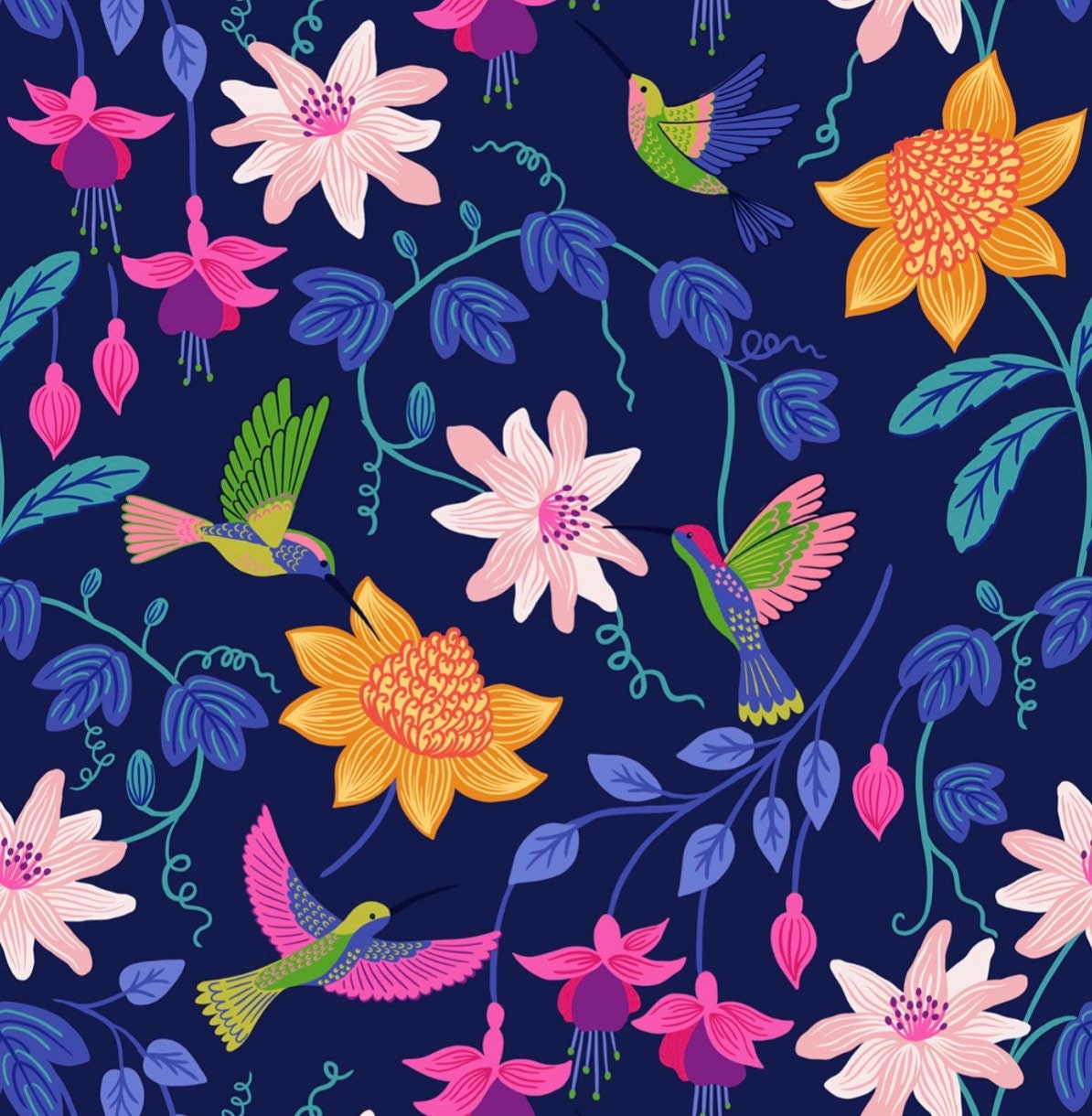 Hummingbird Large Floral on Dark Blue Cotton Fabric 44/45 in Etsy