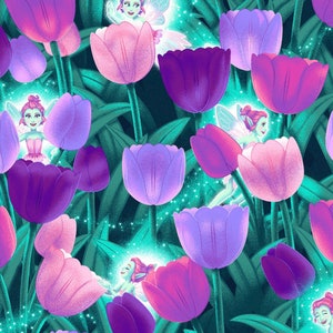 Könnte beinhalten: Ein nahtloses Muster mit rosa, lila und blauen Tulpen, in denen sich Feen befinden. Die Feen haben grüne Haut, braunes Haar und tragen weiße Kleider. Der Hintergrund ist dunkel türkisgrün.