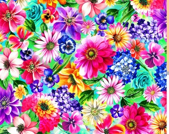 May include: A vibrant floral pattern featuring a variety of flowers in pink, purple, blue, yellow, and orange. The flowers are arranged in a random pattern on a turquoise background.