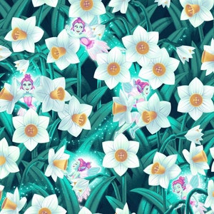 Könnte beinhalten: Ein fantasievolles Muster mit Feen mit Flügeln und Blumen in Weiß-, Grün- und Blautönen. Die Feen sind mit zarten Gesichtszügen und wallendem Haar dargestellt, während die Blumen in einem realistischen Stil wiedergegeben sind.