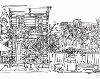 New Orleans House Drawing – Bywater Sketch – Black and White Architecture Art – Original Ink Illustration