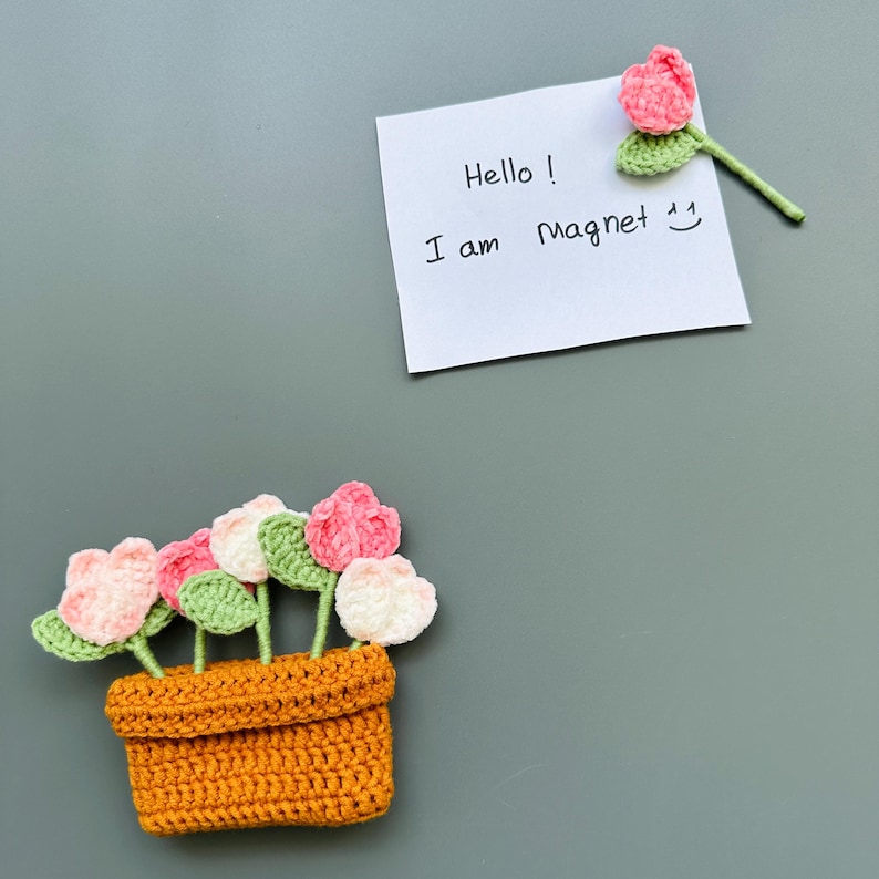 May include: A handmade crochet magnet set featuring a flower pot with pink, white, and green flowers. A separate crochet flower magnet and a note that says "Hello! I am Magnet :) " are also included.