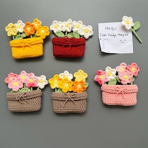 Può includere: Una collezione di calamite a forma di fiori all'uncinetto fatti a mano in vari colori, tra cui giallo, rosso, marrone, rosa e pesca. Ogni composizione floreale è in un piccolo cestino. Una nota dice "Hello! I am Fridge Magnet".