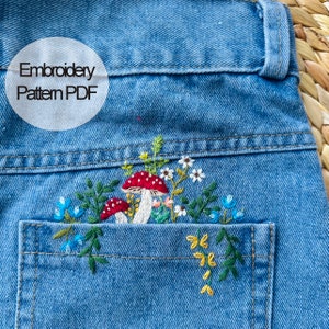 Pocket Jean Stick And Stitch Embroidery PDF & Pattern 4 x 2.5 inch | Beginner Embroidery | Botanical Embroidery Designs | Christmas gift