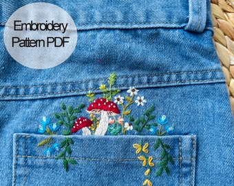 Pocket Jean Stick And Stitch Embroidery PDF & Pattern 4 x 2.5 inch | Beginner Embroidery | Botanical Embroidery Designs | Christmas gift