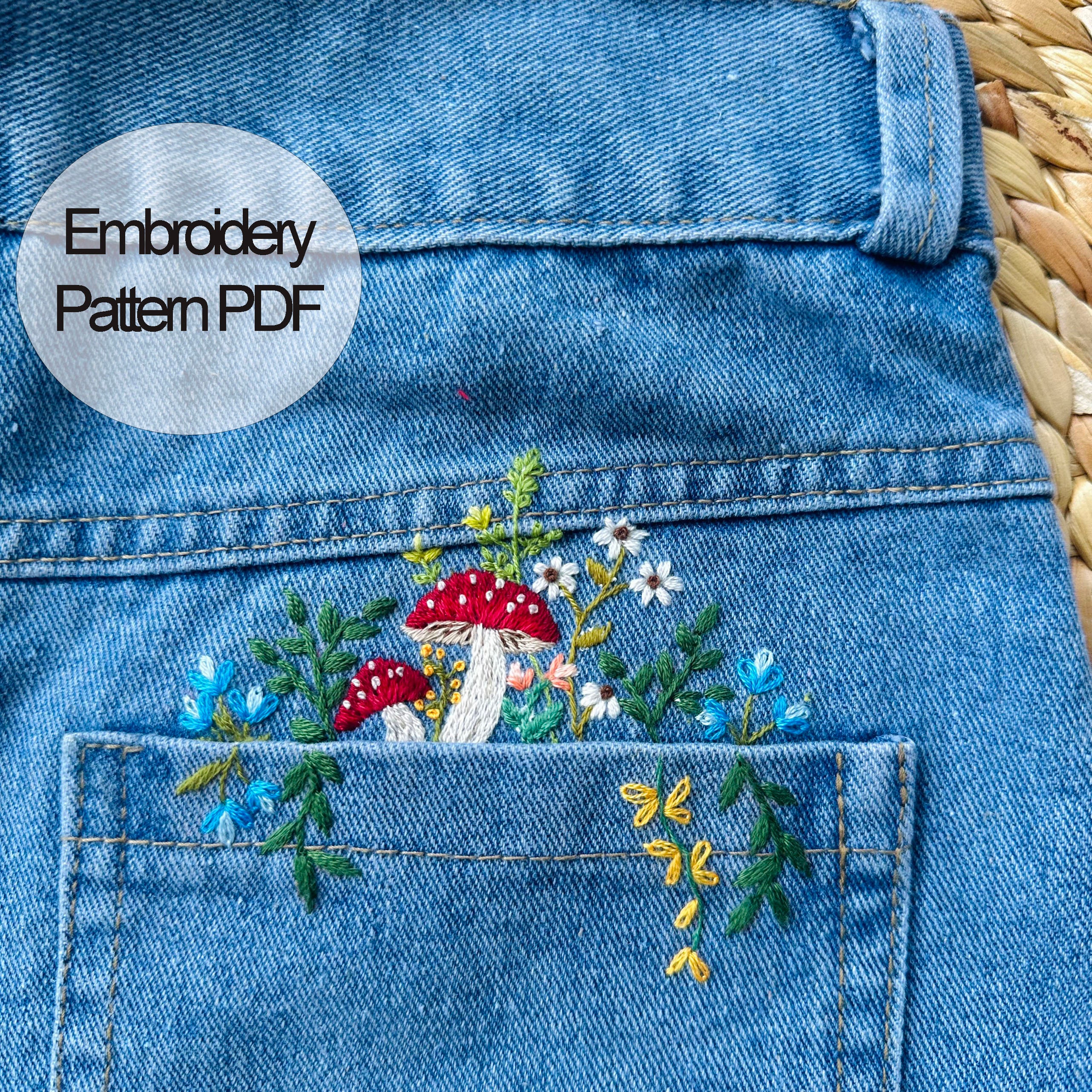 Pocket Jean Stick And Stitch Embroidery PDF & Pattern 4 x 2.5 inch | Beginner Embroidery | Botanical Embroidery Designs | Christmas gift