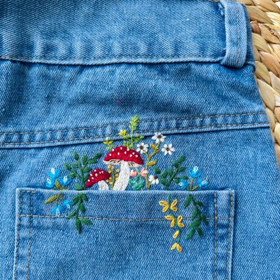 ポケットジーンズのスティックアンドステッチ刺繍PDFとパターン 4 x