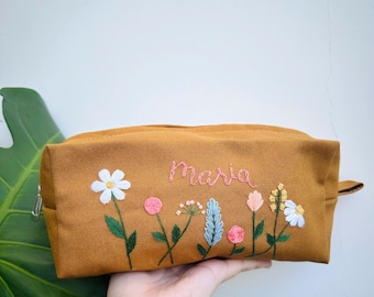 Handmade Floral Embroidered Makeup Bag, Personalized Cosmetic Pouch