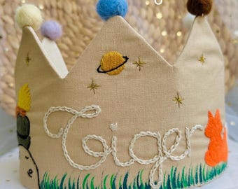 Personalized Linen Birthday Crown | Embroidered Party Hat, Cake Smash