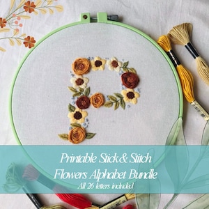 Pacote de bordados à mão com flores do alfabeto para download, 3 tamanhos, padrão de alfabeto, flor para impressão, bastão e ponto, suéter bordado faça você mesmo