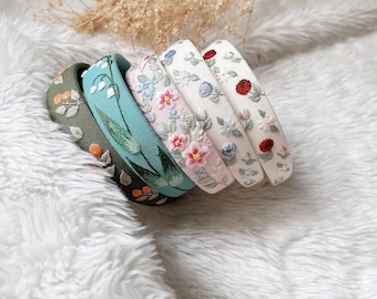WildFlowers Headband, Embroidered Linen Headband, Handmade Floral Hair Accessory, Unique Gift for Her, Romantic Cottagecore Headband