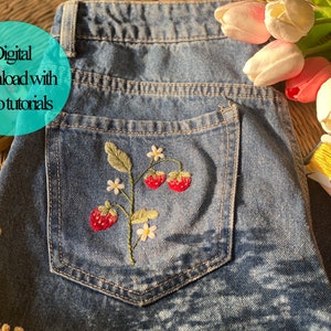 Strawberry Pocket- Embroidery PDF & Pattern + video tutoria | Beginner Embroidery Pocket | Botanical Embroidery Designs | Christmas gift