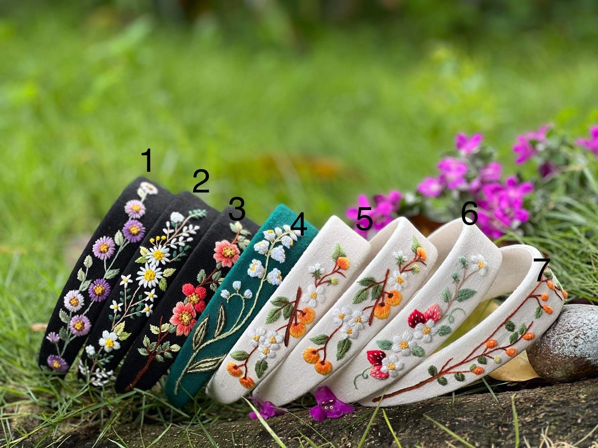 Handmade Embroidered Linen Headband, Cottagecore Floral Hair  display picture 2