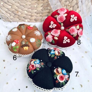 Hand Embroidered Pin Cushion | Round Pumpkin Pincushion | Sewing Room Decor | Gift for Her | Christmas Gift | Pin Accessory | Pin Keeper image 3