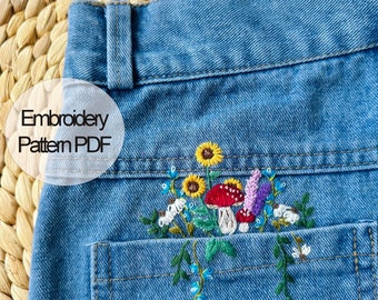 Pocket Jean Stick And Stitch Embroidery PDF & Pattern 4 x 2.5 inch | Beginner Embroidery | Botanical Embroidery Designs | Christmas gift