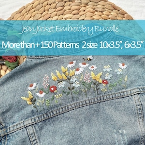 May include: A denim jacket with a floral embroidery design. The embroidery features a variety of flowers in shades of white, yellow, green, and red. The text "Jean Jacket Embroidery Bundle" and "More than +150 Patterns 2 size 10x3.5", 6x3.5" is visible at the top of the image.