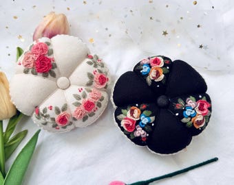 Handmade Floral Embroidered Pin Cushion | Sewing Room Decor