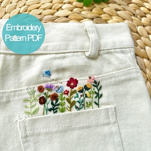 Modèle de broderie au point de croix « Pocket Jean » (PDF et patron) 10 x 6,5 cm | Broderie pour débutants | Motifs botaniques | Cadeau de Noël