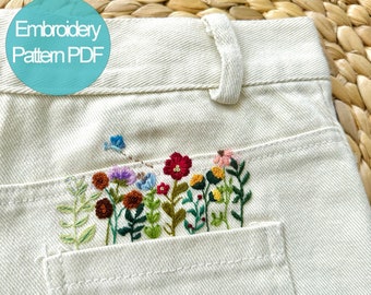 Pocket Jean Stick And Stitch Embroidery PDF & Pattern 4 x 2.5 inch | Beginner Embroidery | Botanical Embroidery Designs | Christmas gift