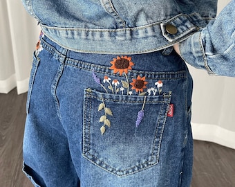 Clothing Complete Floral embroidery jean shorts | Custom Wildflowers Embroidered Jeans | Beach shorts | Embroidery Sunflower | Travel shorts