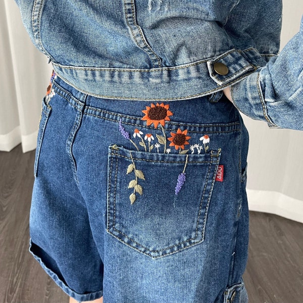 Clothing Complete Floral embroidery jean shorts | Custom Wildflowers Embroidered Jeans | Beach shorts | Embroidery Sunflower | Travel shorts