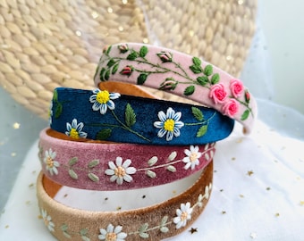 Hand Embroidered Linen Headband | Floral Daisy Hairband