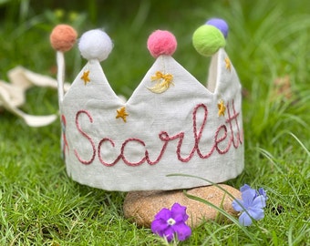 Embroidered Birthday Crown For Baby | Personalized Linen Crown For Children’s Birthday | First Birthday Gift | Party Crown | Cake Smash Hat