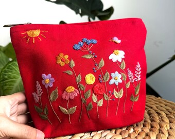 Handmade Floral Embroidered Makeup Bag, Travel Cosmetic Pouch
