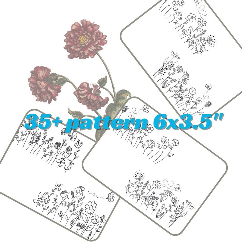 May include: Four digital printable sheets with 35+ floral patterns. Each sheet is 6 inches by 3.5 inches and features a variety of black and white floral designs.
