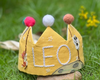 Embroidered Birthday Crown | Personalized Linen Crown Children’s Birthday | First Birthday Gift | Birthday Party Crown | Cake Smash Hat