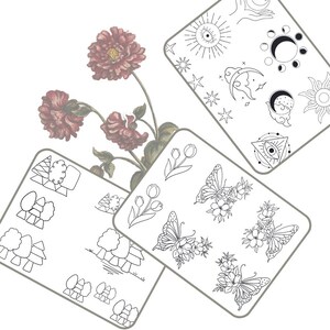 May include: Four digital printable sheets with black line drawings of various designs. The first sheet features a series of trees, the second sheet features a series of butterflies with flowers, the third sheet features a series of tulips, and the fourth sheet features a series of celestial symbols.