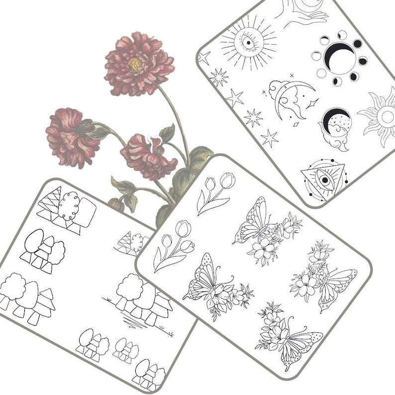 May include: Four digital printable sheets with black line drawings of various designs. The first sheet features a series of trees, the second sheet features a series of butterflies with flowers, the third sheet features a series of tulips, and the fourth sheet features a series of celestial symbols.