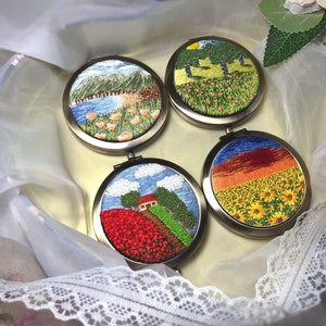 Embroidered Compact Mirror | Handheld Mirror| Makeup Pocket Mirror | Portable Mirror | Vintage Gift for Her | Christmas Gift