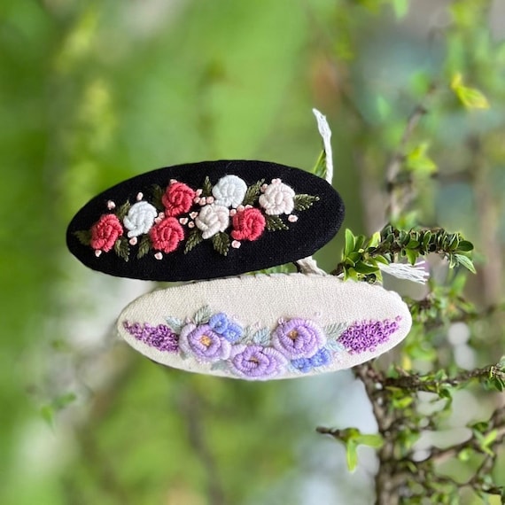 Embroidered Barrette Clip | Oval Rosette Barrette | Floral Clip