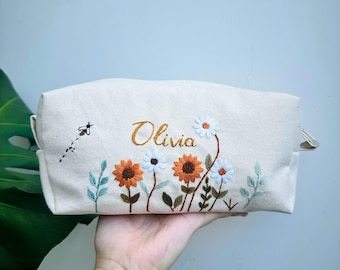 Handmade Floral Embroidered Makeup Bag, Personalized Cosmetic Pouch