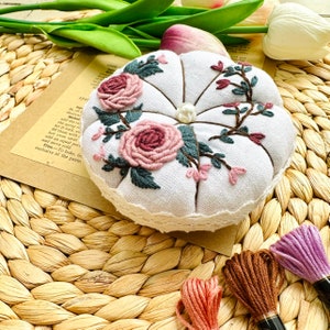 Flower Embroidered Pin Cushion | Round Pumpkin Pincushion | Sewing Room Decor | Gift for Her | Christmas Gift | Pin Accessory | Pin Keeper