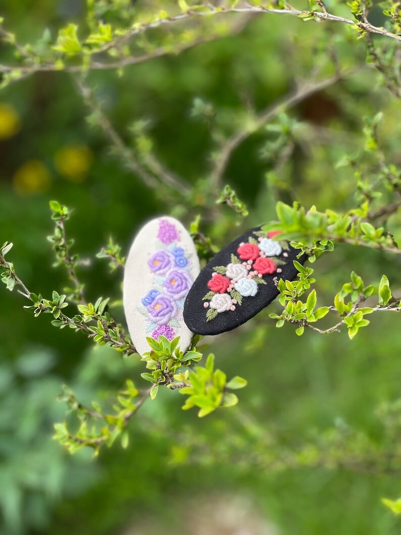 Embroidered Barrette Clip | Oval Rosette Barrette | Floral Clip