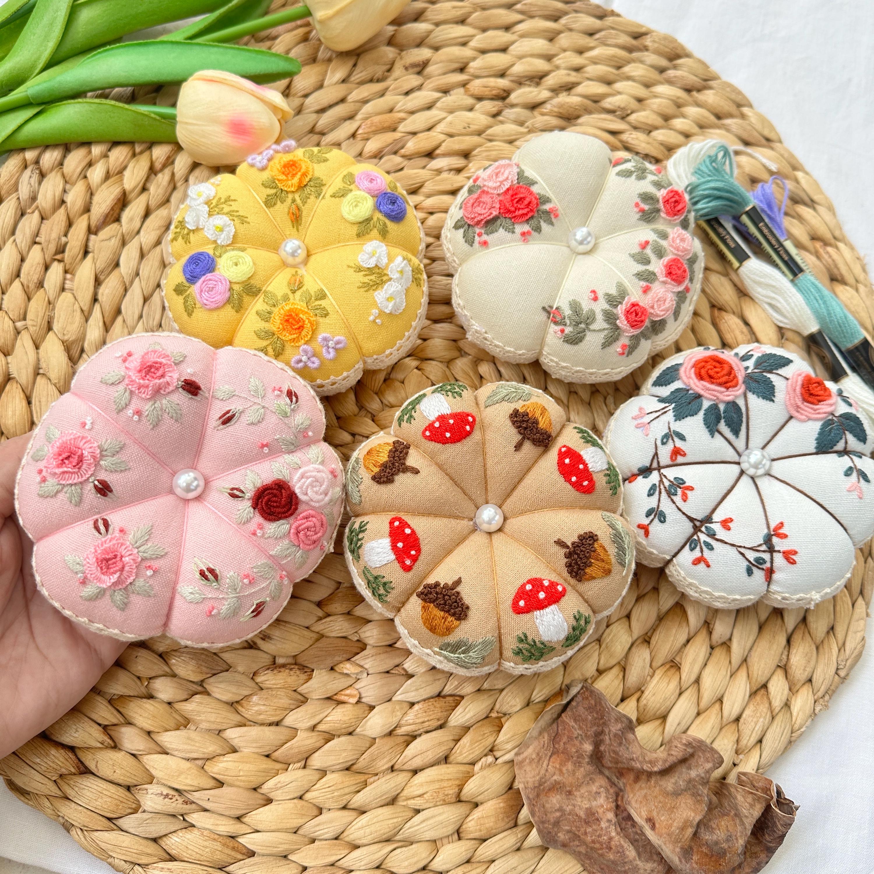 Hand Embroidered Pin Cushion | Round Pumpkin Pincushion | Sewing