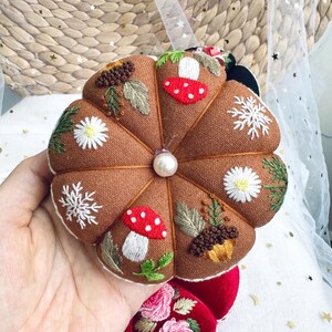 Hand Embroidered Pin Cushion | Round Pumpkin Pincushion | Sewing Room Decor | Gift for Her | Christmas Gift | Pin Accessory | Pin Keeper image 4