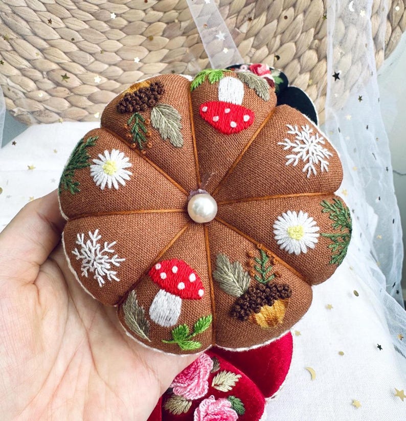 Hand Embroidered Pin Cushion | Round Pumpkin Pincushion | Sewing Room Decor | Gift for Her | Christmas Gift | Pin Accessory | Pin Keeper image 4