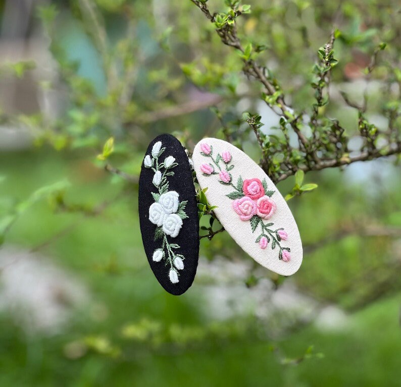 Embroidered Barrette Clip | Oval Rosette Barrette | Floral Clip