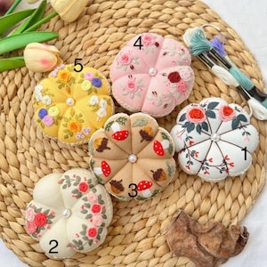 Hand Embroidered Pin Cushion | Round Pumpkin Pincushion | Sewing Room Decor | Gift for Her | Christmas Gift | Pin Accessory | Pin Keeper image 2