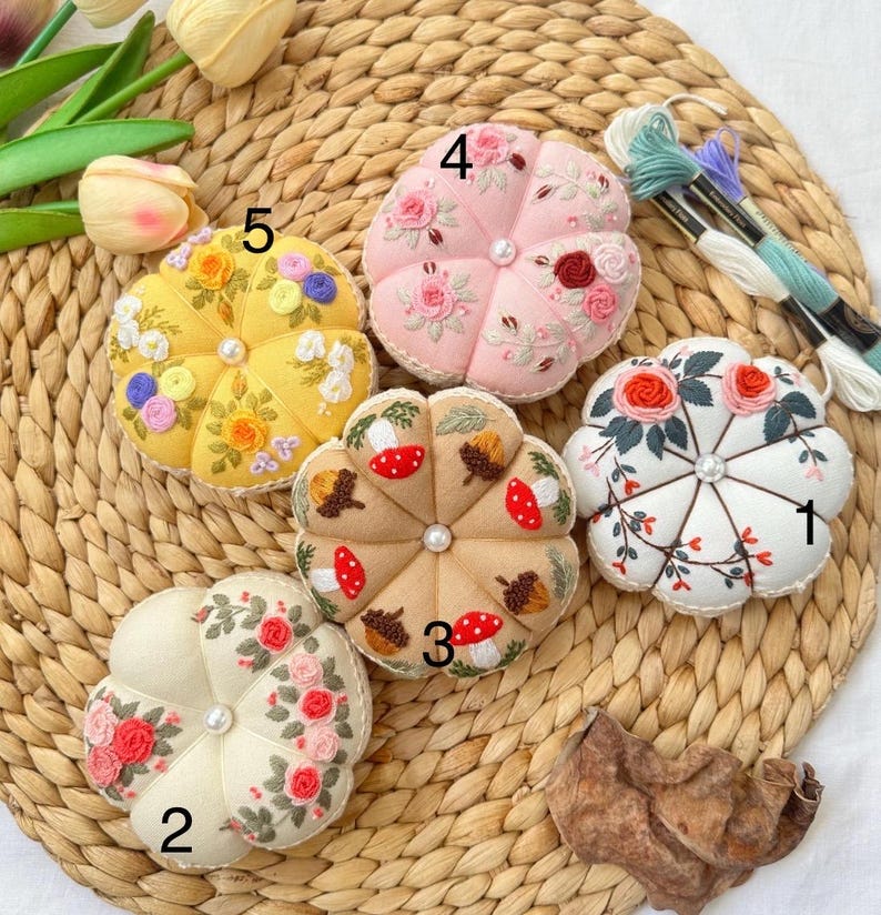 Hand Embroidered Pin Cushion | Round Pumpkin Pincushion | Sewing Room Decor | Gift for Her | Christmas Gift | Pin Accessory | Pin Keeper image 2
