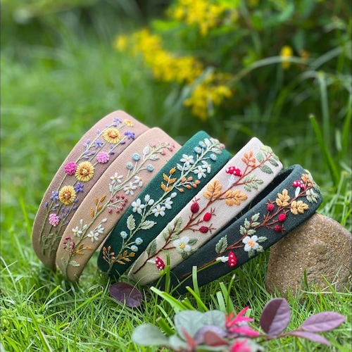 Hand Floral Embroidered Linen Headband | Bachelorette Linen  display picture 1