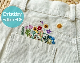 Pocket Jean Stick And Stitch Embroidery PDF & Pattern 4 x 2.5 inch | Beginner Embroidery | Botanical Embroidery Designs | Christmas gift