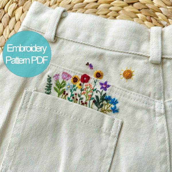 Pocket Jean Stick And Stitch Embroidery PDF & Pattern 4 x 2.5 inch | Beginner Embroidery | Botanical Embroidery Designs | Christmas gift