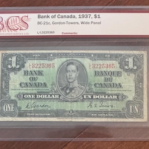 Ein Dollarschein von 1937 mit der Note 12 Bank of Canada in Plastikhülle