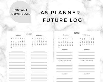 2022 Future Log PRINTABLE A5 | planner refill, calendar overview | Quarterly overview